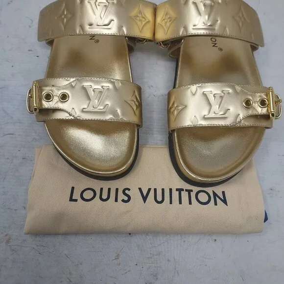 Louis Vuitton Gold Buckle Bom Dia Monogram Flat Slide Sandal - Picture 10 of 14
